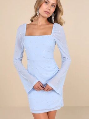 Lulus Flirty Luxury Light Blue Mesh Pearl Long Sleeve Mini Dress Size XL